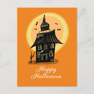 Happy Halloween Haunted House Black Orange Postcard