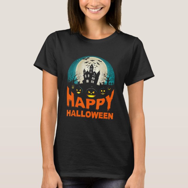 Happy Halloween Haunted House Graveyard Scary Pump T-Shirt (Front)
