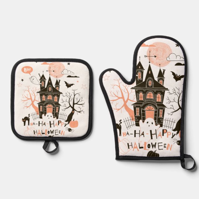 Happy Halloween Haunted House Oven Mitt & Pot Holder Set (Front)