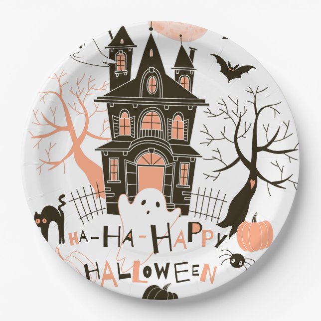 Happy Halloween Haunted House Paper Plate (Front)