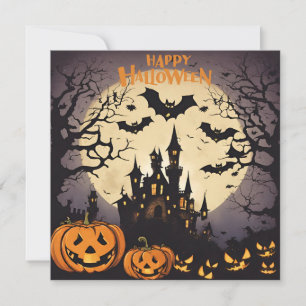 Happy Halloween - Haunted House, Pumpkins and Bats Holiday Card