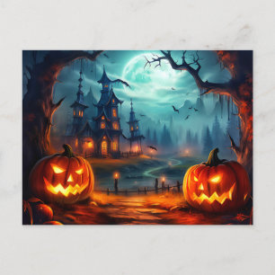 Happy Halloween Haunted House & Spooky Pumpkins Postcard