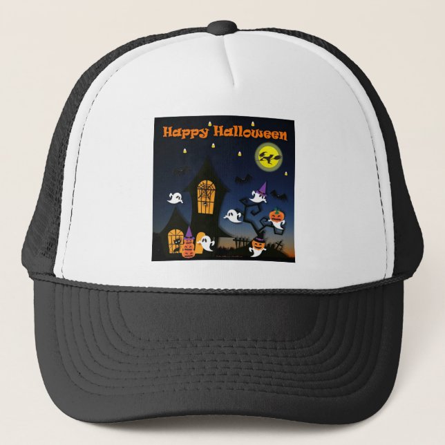 Happy Halloween Haunted House Trucker Hat (Front)
