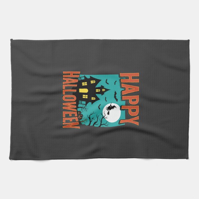 Happy Halloween Haunted House Witch Design Tea Towel (Horizontal)