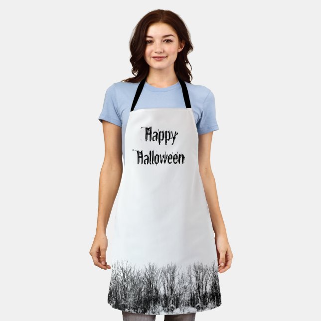 Happy Halloween Haunted Woods Black White Apron (Worn)