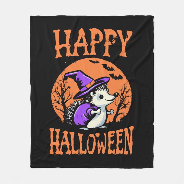 Happy Halloween Hedgehog Witch Fleece Blanket (Front)