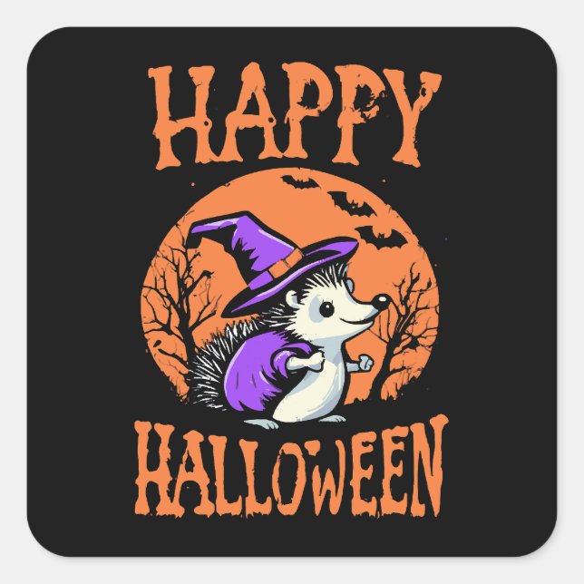 Happy Halloween Hedgehog Witch Square Sticker (Front)