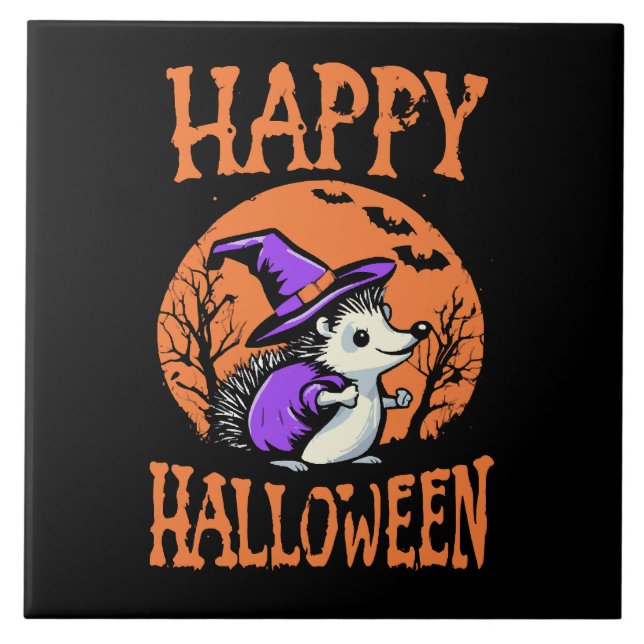Happy Halloween Hedgehog Witch Tile (Front)