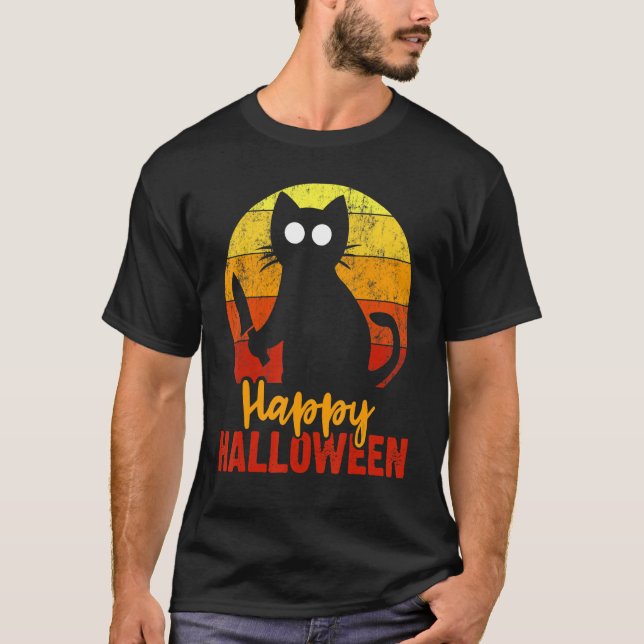 Happy Halloween Horror Black Cat With Knife Scary  T-Shirt (Front)