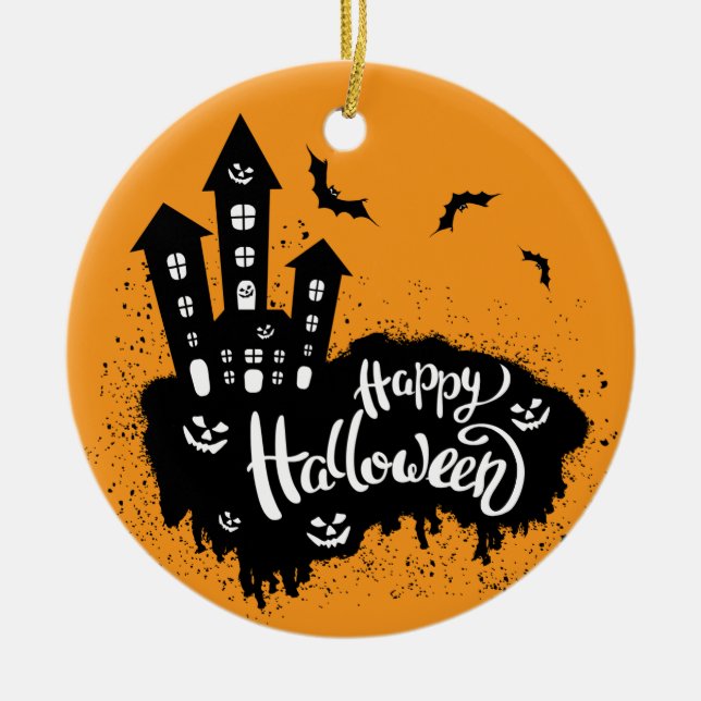 Happy Halloween House  Ceramic Tree Decoration (Front)