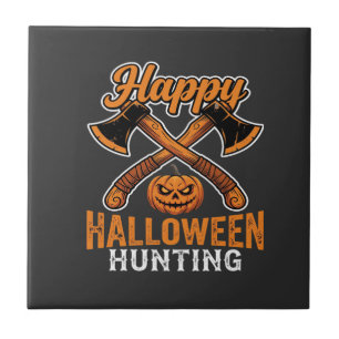 Happy Halloween Hunting Crossed Axes Pumpkin Tile