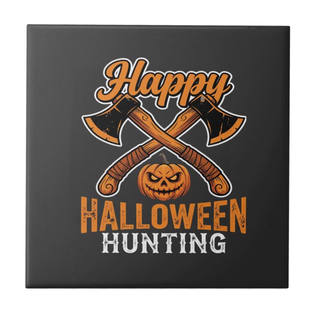 Happy Halloween Hunting Crossed Axes Pumpkin Tile (Front)