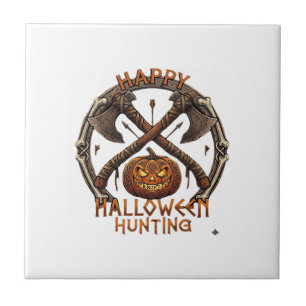 Happy Halloween Hunting Pumpkin Crossed Axes Bone Tile