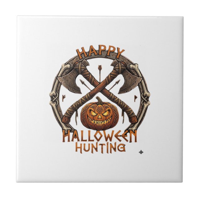 Happy Halloween Hunting Pumpkin Crossed Axes Bone  Tile (Front)