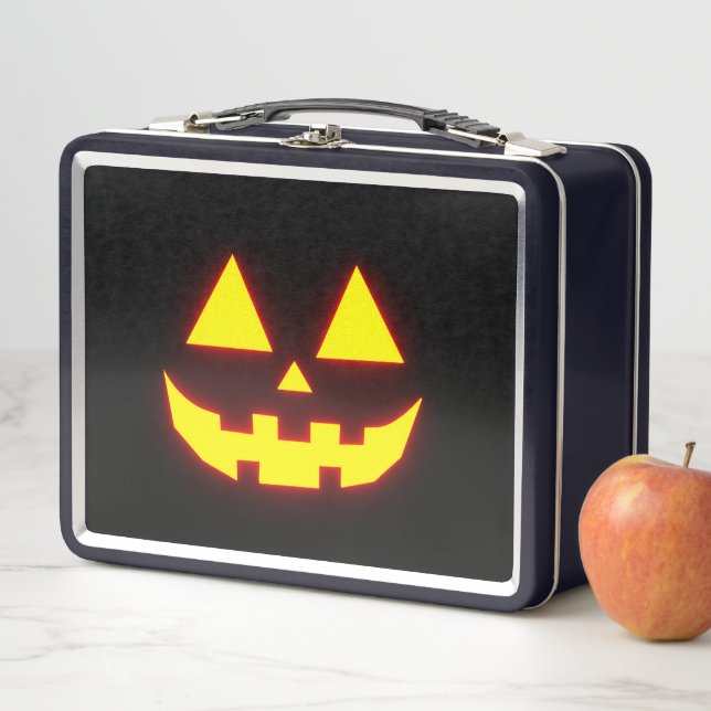 Happy Halloween Jack-o'-Lantern Face 3-Neon Orange Metal Lunch Box (In Situ)