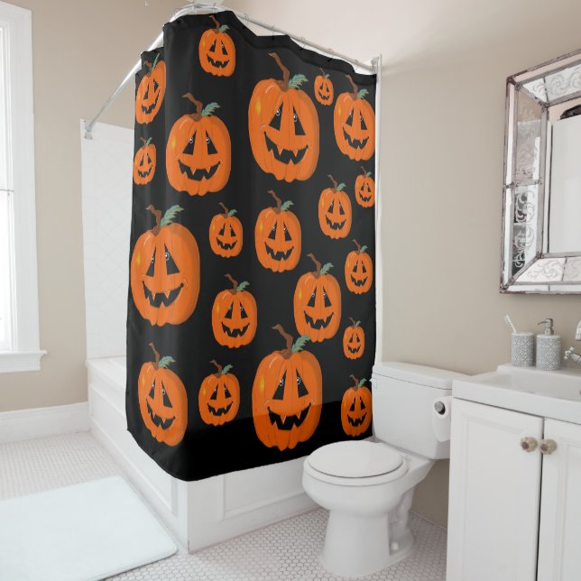 Happy Halloween Jack O Lantern Illustrative Art Shower Curtain (In Situ)