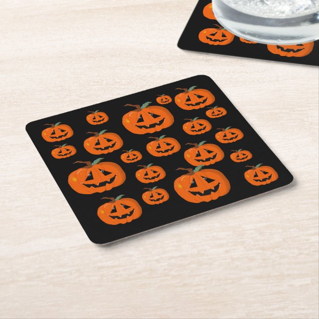 Happy Halloween Jack O Lantern Illustrative Art Square Paper Coaster (Angled)