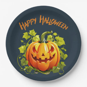 Happy Halloween Jack-O-Lantern On Vine Paper Plate