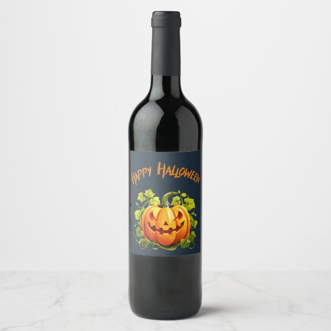 Happy Halloween Jack-O-Lantern On Vine  Wine Label (Front)