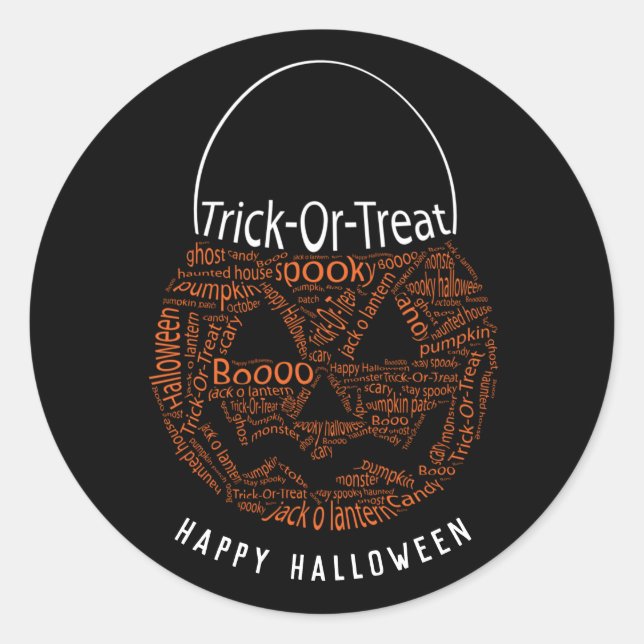 Happy Halloween Jack O Lantern Word Art Orange Classic Round Sticker (Front)