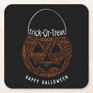 Happy Halloween Jack O Lantern Word Art Orange Square Paper Coaster