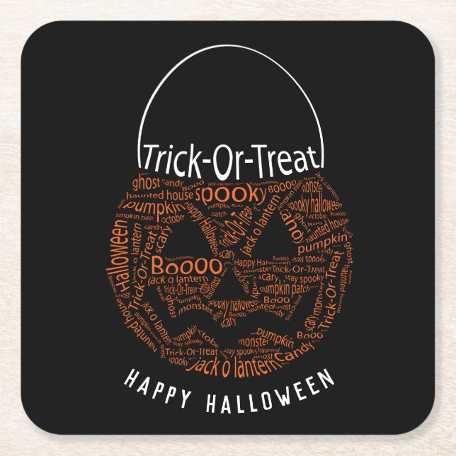 Happy Halloween Jack O Lantern Word Art Orange Square Paper Coaster (Front)