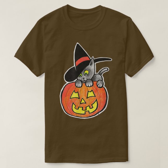 Happy Halloween JackO'Lantern Black Kitty Cat Witc T-Shirt (Design Front)