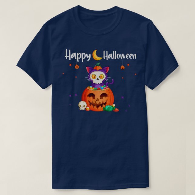Happy Halloween JackOLantern Pumpkin Cat Funny Hal T-Shirt (Design Front)