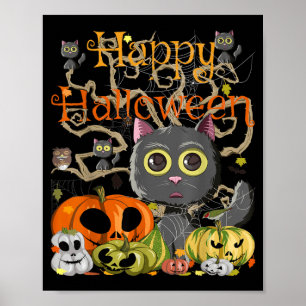Happy Halloween Kawaii Black Cats Pumpkin Monsters Poster