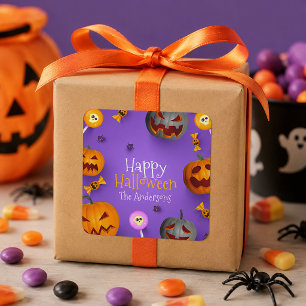 Happy Halloween Kids Favour Purple Pumpkins Candy Square Sticker