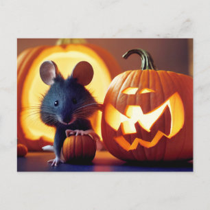 Happy Halloween. Kleine niedliche Maus mit Kürbis Postcard