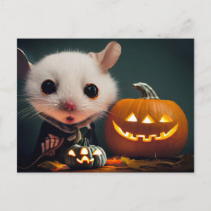  Happy Halloween. Kleine niedliche Maus mit Kürbis Postcard