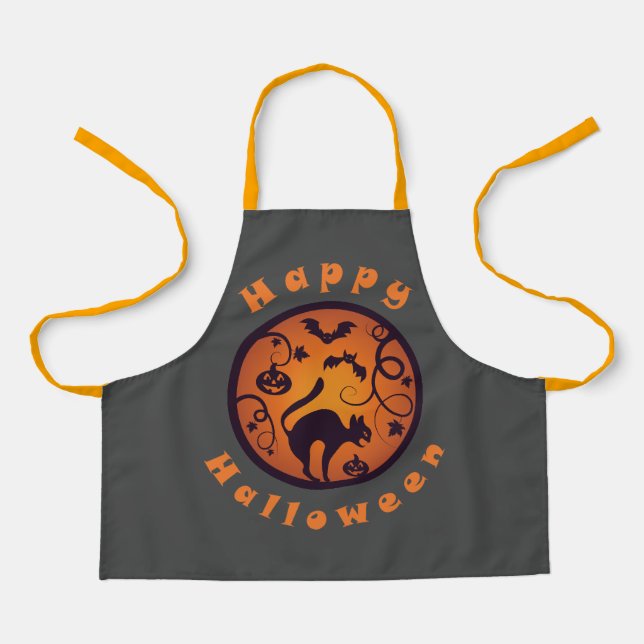 Happy Halloween lantern black cat spiders and bats Apron (Front)