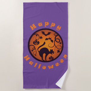 Happy Halloween lantern black cat spiders and bats Beach Towel