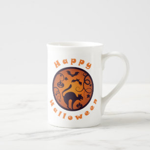 Happy Halloween lantern black cat spiders and bats Bone China Mug