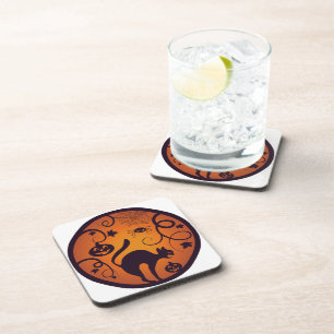 Happy Halloween lantern black cat spiders and bats Coaster