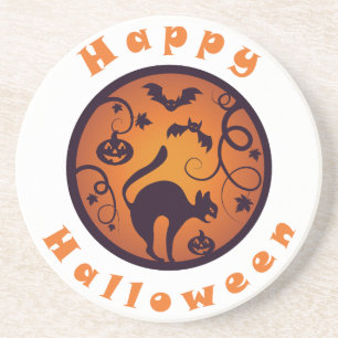 Happy Halloween lantern black cat spiders and bats Coaster