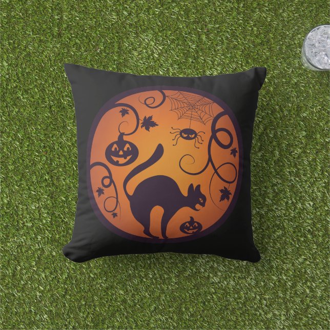Happy Halloween lantern black cat spiders and bats Cushion (Grass)
