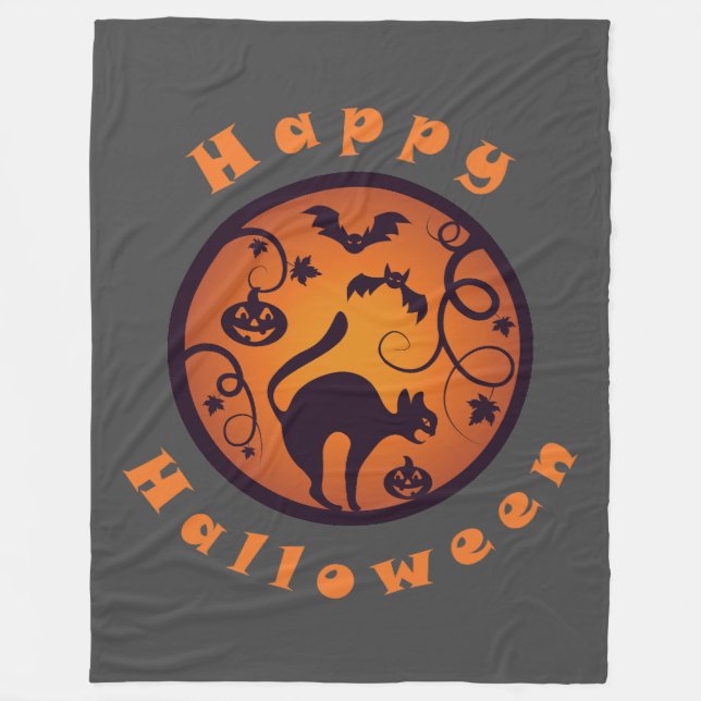 Happy Halloween lantern black cat spiders and bats Fleece Blanket (Front)