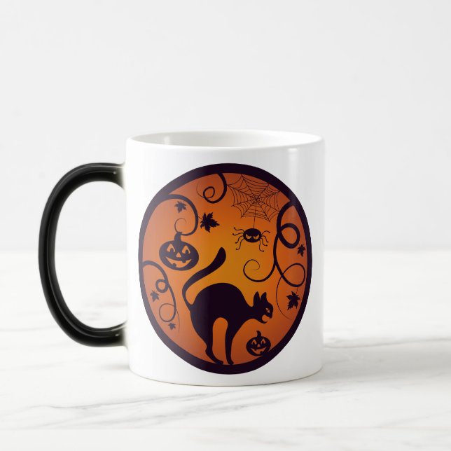 Happy Halloween lantern black cat spiders and bats Magic Mug (Left)