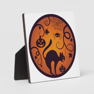 Happy Halloween lantern black cat spiders and bats Plaque