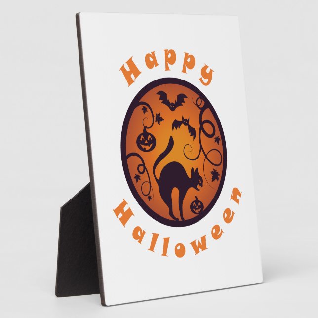 Happy Halloween lantern black cat spiders and bats Plaque (Side)