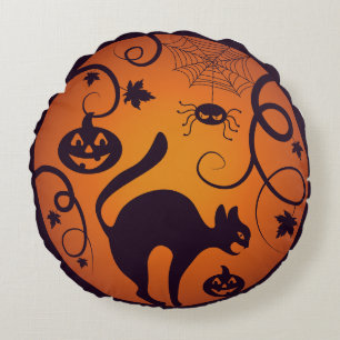 Happy Halloween lantern black cat spiders and bats Round Cushion