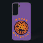 Happy Halloween lantern black cat spiders and bats Samsung Galaxy Case<br><div class="desc">Happy Halloween circle badge with jack-o'-lantern black cat and bats typography</div>