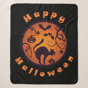 Happy Halloween lantern black cat spiders and bats Sherpa Blanket
