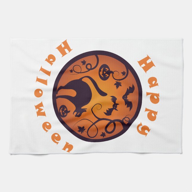 Happy Halloween lantern black cat spiders and bats Tea Towel (Horizontal)