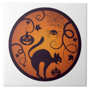 Happy Halloween lantern black cat spiders and bats Tile