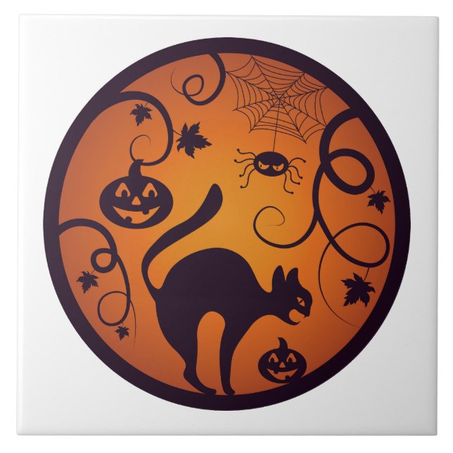 Happy Halloween lantern black cat spiders and bats Tile (Front)