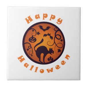 Happy Halloween lantern black cat spiders and bats Tile