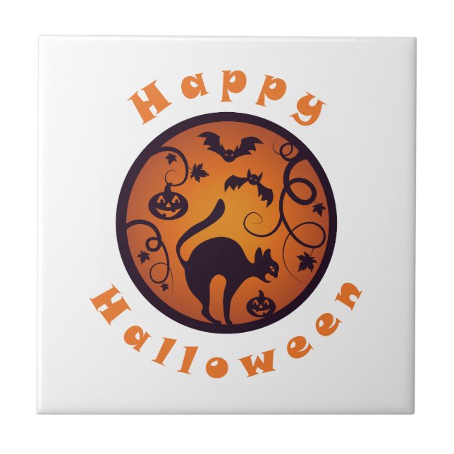 Happy Halloween lantern black cat spiders and bats Tile (Front)